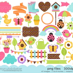 Spring Time Clipart Set - digitale Elemente - Regenbogen, Rahmen, Rahmen, Wimpelkette, Bienen - Instant Download, kommerzielle Nutzung, private Nutzung, PNG
