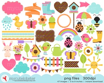 Spring Time Clipart Set - digital elements - rainbow, frames, borders, bunting, bees - Instant Download, Personal Use, Commercial Use, PNG