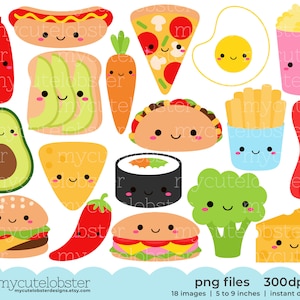 Cute Savory Food Collection Clipart - set of happy food, avocado, pizza, food clip art - Instant Download, Personal Use, Commercial Use, PNG