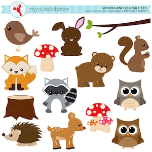 Woodland Clipart Set - clip art set of woodland animals, trees, mushrooms - Instant Download, Personal Use, Commercial Use, PNG