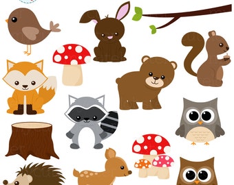 Woodland Clipart Set - clip art set of woodland animals, trees, mushrooms - Instant Download, Personal Use, Commercial Use, PNG