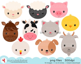 Farm Animal Faces Clipart Set - animal faces, farmyard, farm, cow, chicken, goat, cat - Instant Download, Personal Use, Commercial Use, PNG