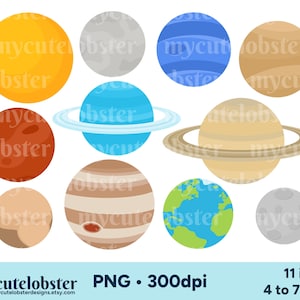 Solar System Clipart - clip art set of the planets, Earth, Moon, Sun, Mercury, Saturn - Instant Download, Personal Use, Commercial Use, PNG