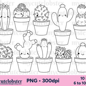 Timbri digitali di cactus carini - contorni di cactus, disegno lineare, cactus felici, set di timbri digitali - Download immediato, uso personale, uso commerciale, PNG
