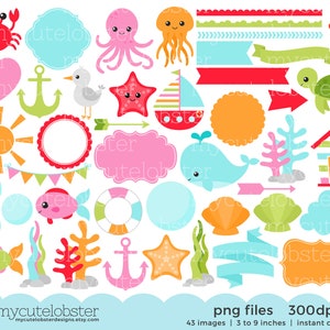 Conjunto de clipart de oceano caprichoso - elementos digitais - peixe, praia, oceano, baleia, molduras - Download instantâneo, uso pessoal, uso comercial, PNG