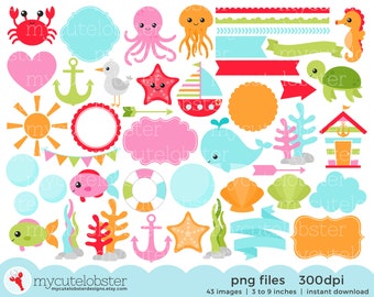 Whimsical Ocean Clipart Set - digital elements - fish, beach, ocean, whale, frames - Instant Download, Personal Use, Commercial Use, PNG