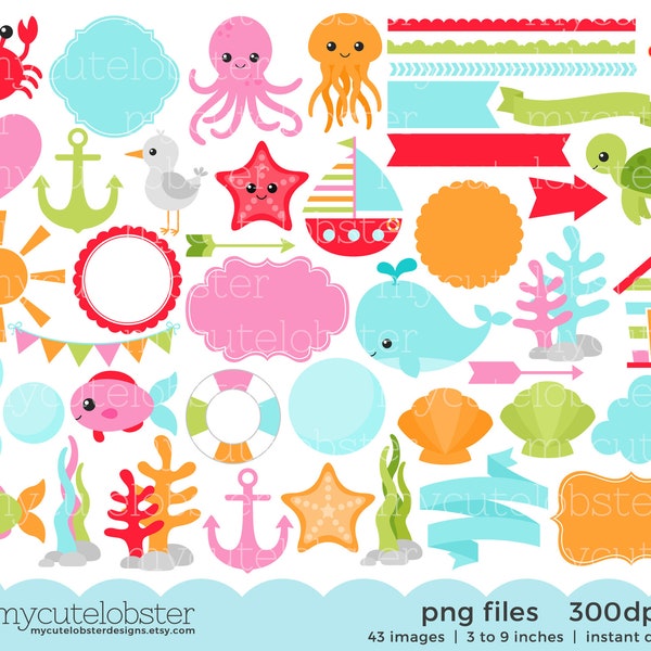Whimsical Ocean Clipart Set - digital elements - fish, beach, ocean, whale, frames - Instant Download, Personal Use, Commercial Use, PNG