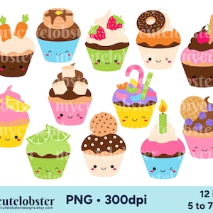 Imágenes prediseñadas de cupcakes divertidos y lindos: conjunto de cupcakes felices, postres, fiestas, pasteles - Descarga instantánea, uso personal, uso comercial, PNG