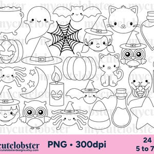 Happy Halloween Digital Stamps - Halloween outlines, line art, spider, pumpkins, bats - Instant Download, Personal Use, Commercial Use, PNG