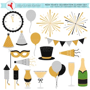 Clipart de celebración de Año Nuevo: fuegos artificiales, banderines, fiesta, champán, globos - Descarga instantánea, uso personal, uso comercial, PNG