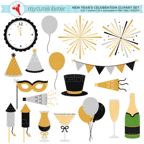 New Year's Celebration Clipart Set - fireworks, bunting, party, champagne, balloons - Instant Download, Personal Use, Commercial Use, PNG