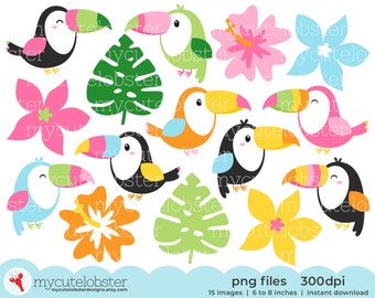 Toucan Fun Clipart - set of toucans, cute toucans, tropical birds, leaves, clip art - Instant Download, Personal Use, Commercial Use, PNG