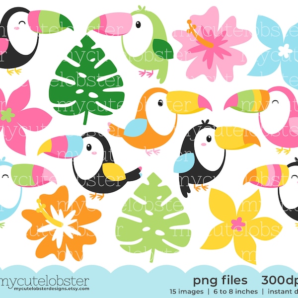 Toucan Fun Clipart - set of toucans, cute toucans, tropical birds, leaves, clip art - Instant Download, Personal Use, Commercial Use, PNG