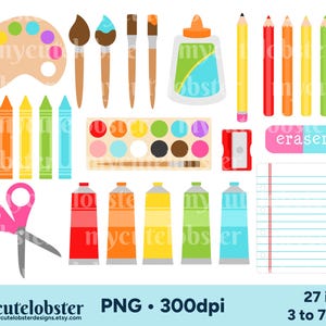 Art Supplies Clipart, Painting Clipart, Art Clipart Set, Art Supplies PNG, School Clipart, Artist Graphics, Personal Use, Commercial Use