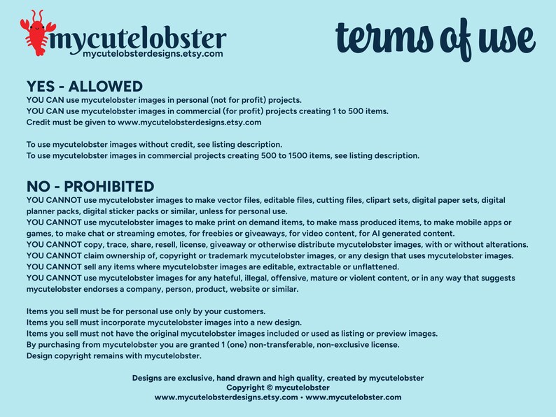 Terms of use for clipart images from mycutelobster.