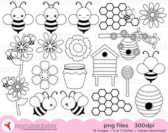 Bees Digital Stamps - cute bees outlines, line art, beehive, honeycomb, digi stamp set - Instant Download, Personal Use, Commercial Use, PNG