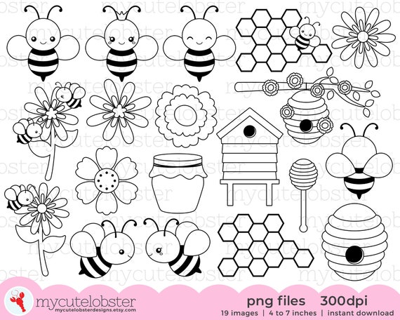 Bees Digital Stamps Cute Bees Outlines, Line Art, Beehive, Honeycomb, Digi  Stamp Set Instant Download, Personal Use, Commercial Use, PNG 