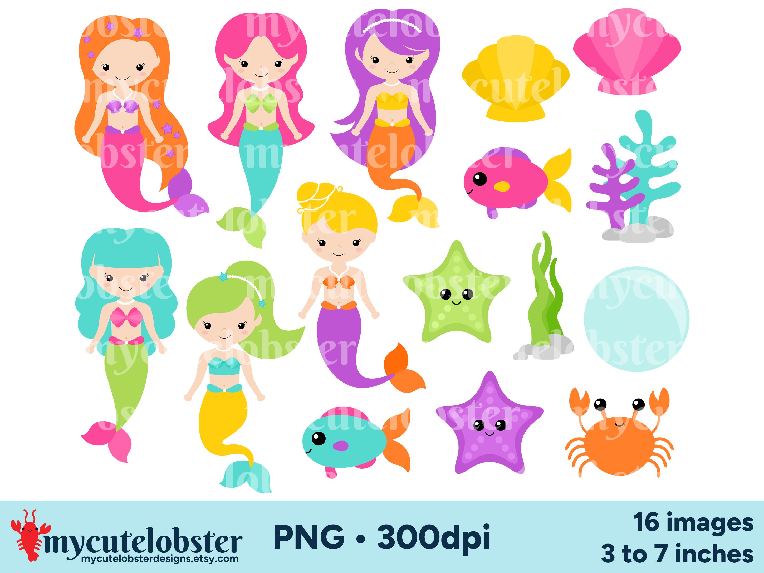 Mermaids Clipart - Set of Colorful Ocean Clip Art, Mermaid PNG Digital ...