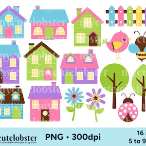 Spring Houses Clipart - conjunto de casas, edifícios fofos, primavera, casas clip art - Download instantâneo, uso pessoal, uso comercial, PNG