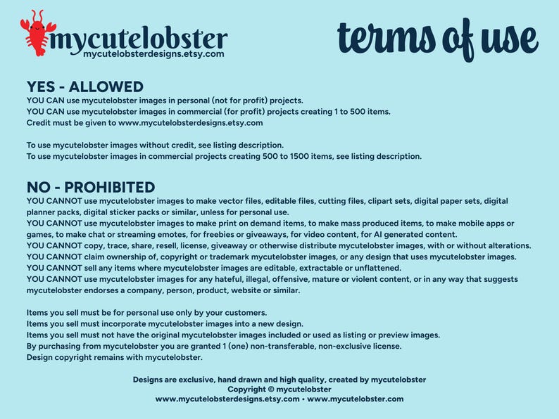 Terms of use for clipart images from mycutelobster.