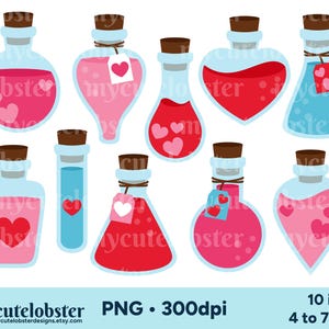 Imágenes prediseñadas de pociones de San Valentín: conjunto de botellas de pociones, pociones de amor, imágenes prediseñadas de pociones: descarga instantánea, uso personal, uso comercial pequeño