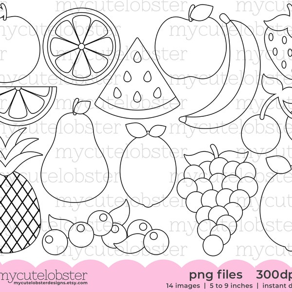 Obst digitale Stempel - Essen Linie Kunst, Umrisse, Zitrone, Ananas, Obst Digistempel - Instant Download, persönlichen Gebrauch, kommerzielle Nutzung, PNG