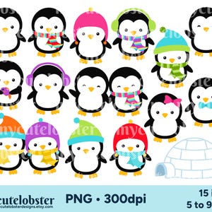 Imágenes prediseñadas de pingüinos: conjunto de imágenes prediseñadas de pingüinos, pingüinos de invierno, iglú, bufandas, sombreros - Descarga instantánea, uso personal, uso comercial, PNG
