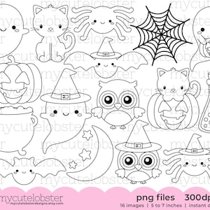 Halloween Friends Digital Stamps - cute Halloween digi stamps, ghosts, bats, outlines - Instant Download, Personal Use, Commercial Use, PNG