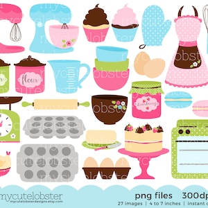 May include: A set of cartoon baking illustrations in pink, blue, and green. The image features a mixer, cupcakes, bowls, an apron, eggs, a cake, and other kitchen tools. The image has the text "mycutelobsterdesigns.etsy.com" and "png files 300dpi".
