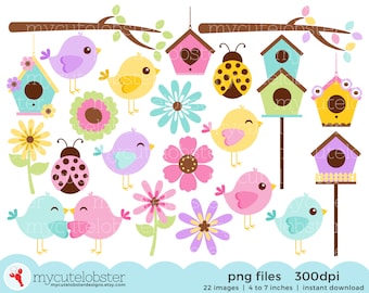 Spring Birds Clipart Set - clip art set of birds, branches, birdhouses, flowers - Instant Download, Personal Use, Commercial Use, PNG