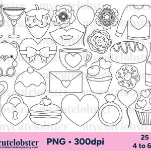 Sellos digitales del Día de San Valentín - Arte lineal de San Valentín, conjunto de sellos digi, amor, romance - Descarga instantánea, Uso personal, Uso comercial, PNG