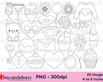 Valentine's Digital Stamps - romance lineart, clipart outlines, PNG Digital Download