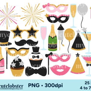 Clipart di Capodanno - set di clipart per feste, celebrazioni, fuochi d'artificio, cappelli, cocktail - Download immediato, uso personale, uso commerciale, PNG