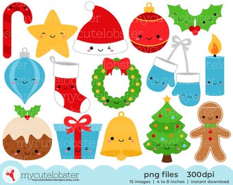 Cute Christmas Clipart - cute festive clip art set, holly, wreath, stocking, Christmas - Instant Download, Personal Use, Commercial Use, PNG