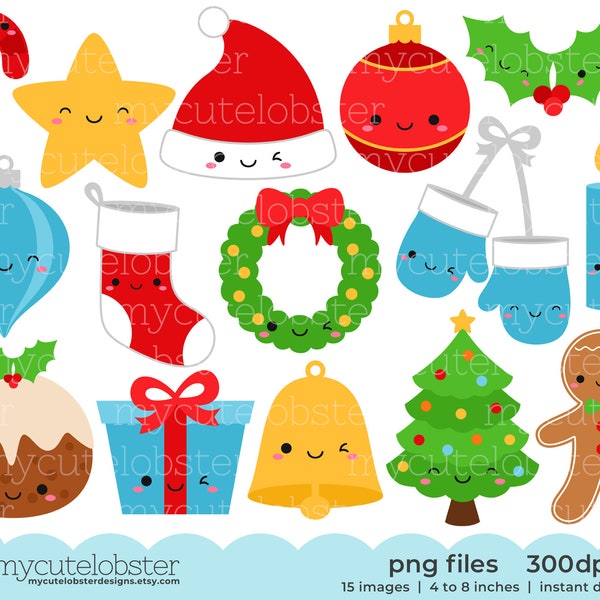 Leuke kerst clipart - schattige feestelijke clip art set, hulst, krans, kous, Kerstmis - Instant Download, persoonlijk gebruik, commercieel gebruik, PNG