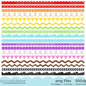 Rainbow Borders Clipart Set assorted borders, scallop, ric rac, pennant, swirl, dot Instant Download, Personal Use, Commercial Use, PNG image 1
