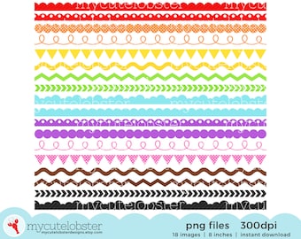 Rainbow Borders Clipart Set - assorted borders, scallop, ric rac, pennant, swirl, dot - Instant Download, Personal Use, Commercial Use, PNG