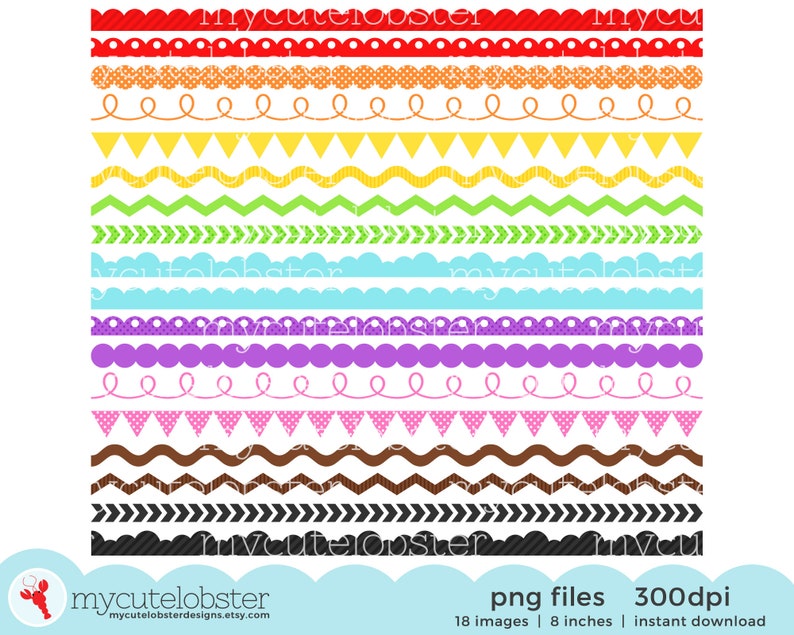 Rainbow Borders Clipart Set assorted borders, scallop, ric rac, pennant, swirl, dot Instant Download, Personal Use, Commercial Use, PNG image 1