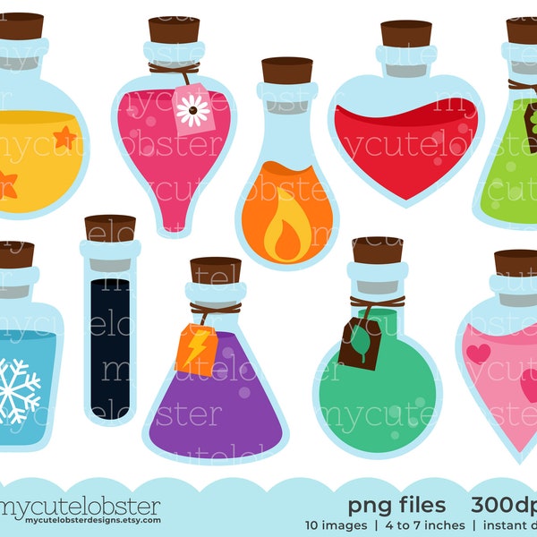 Potions Clipart - set of potion bottles, love potion, luck potion, cute potions - Instant Download, Personal Use, Commercial Use, PNG