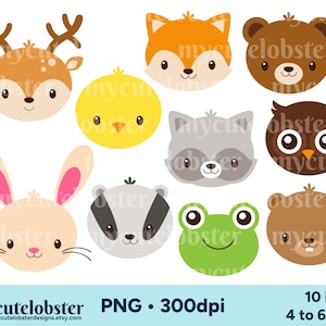 Clipart z twarzami zwierząt leśnych, Clipart z lasu, Clipart z uroczymi zwierzętami, Clipart z lasu, Zwierzęta leśne PNG, Użytek osobisty, Użytek komercyjny