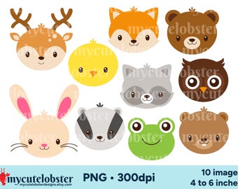 Könnte beinhalten: Zehn bunte Comic-Tiergesichter, darunter ein Reh, ein Küken, ein Kaninchen, ein Dachs, ein Frosch, eine Eule, ein Waschbär und zwei Bären. Die Bilder sind im PNG-Format und haben eine Auflösung von 300 dpi. Die Bilder sind 4 bis 6 Zoll groß.