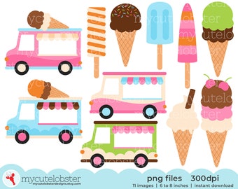 Ice Cream Trucks Clipart - conjunto de imágenes prediseñadas de furgonetas de helados, camiones, helados, polos - Descarga instantánea, uso personal, uso comercial, PNG