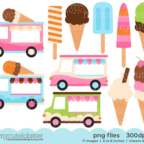 Ice Cream Trucks Clipart - clip art set of ice cream vans, trucks, ice cream, lolly - Instant Download, Personal Use, Commercial Use, PNG