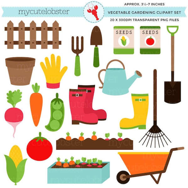 Vegetable Gardening Clipart Set - garden clip art, carrots, soil, seeds, rake, trowel - Instant Download, Personal Use, Commercial Use, PNG