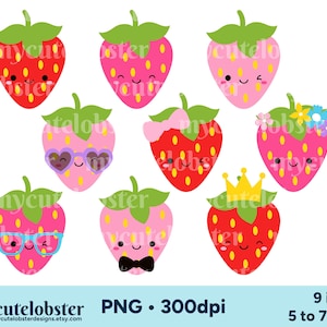 Clipart fraises mignons - clipart fraises heureux, fraises mignonnes, ensemble de cliparts - téléchargement immédiat, usage personnel, usage commercial, PNG
