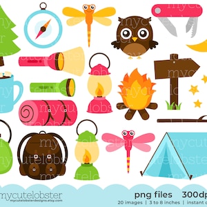 Camping Clipart Set torch, lantern, tent, backpack, camp, clip art set, campfire Instant Download, Personal Use, Commercial Use, PNG image 1