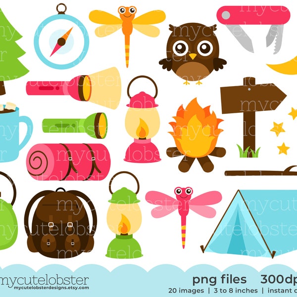 Camping Clipart Set - torch, lantern, tent, backpack, camp, clip art set, campfire - Instant Download, Personal Use, Commercial Use, PNG