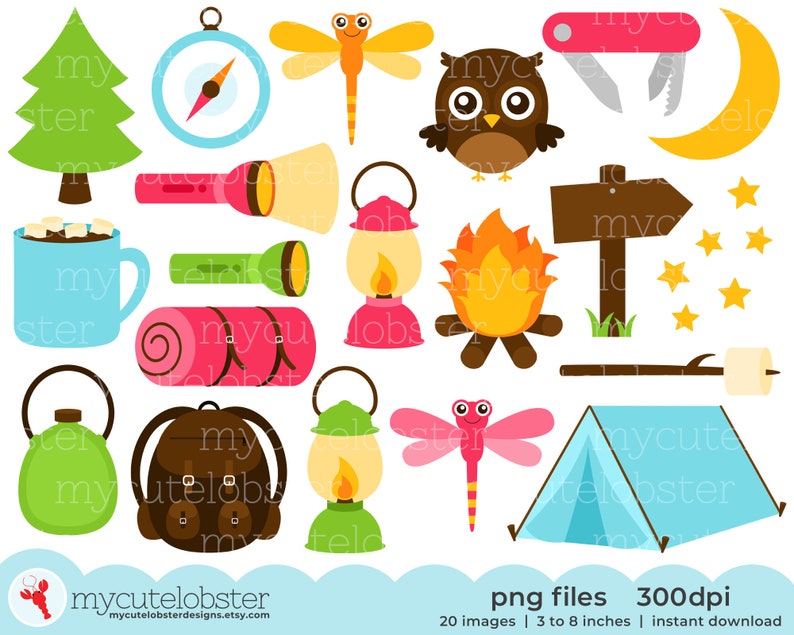 Camping Clipart Set torch, lantern, tent, backpack, camp, clip art set, campfire Instant Download, Personal Use, Commercial Use, PNG image 1