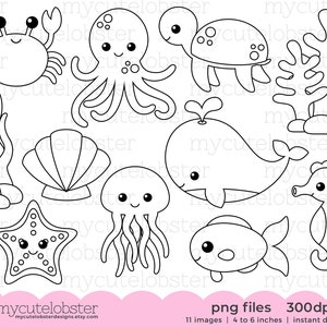 Sea Creatures Digital Stamps - outlines, line art, cute sea animals digi stamps, ocean - Instant Download, Personal Use, Commercial Use, PNG