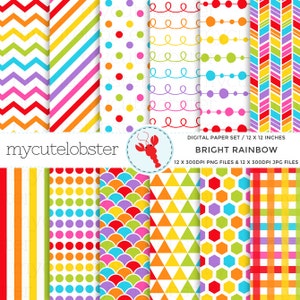 Bright Rainbow Digital Paper Set - rainbow patterned paper, polka, stripe, honeycomb - Instant Download, Personal Use, Commercial Use, PNG